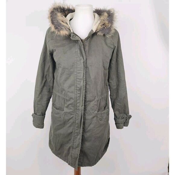 Forever21 Olive Army Green Hooded Parka Jacket Faux Fur Lined Womens Small - Picture 1 of 10